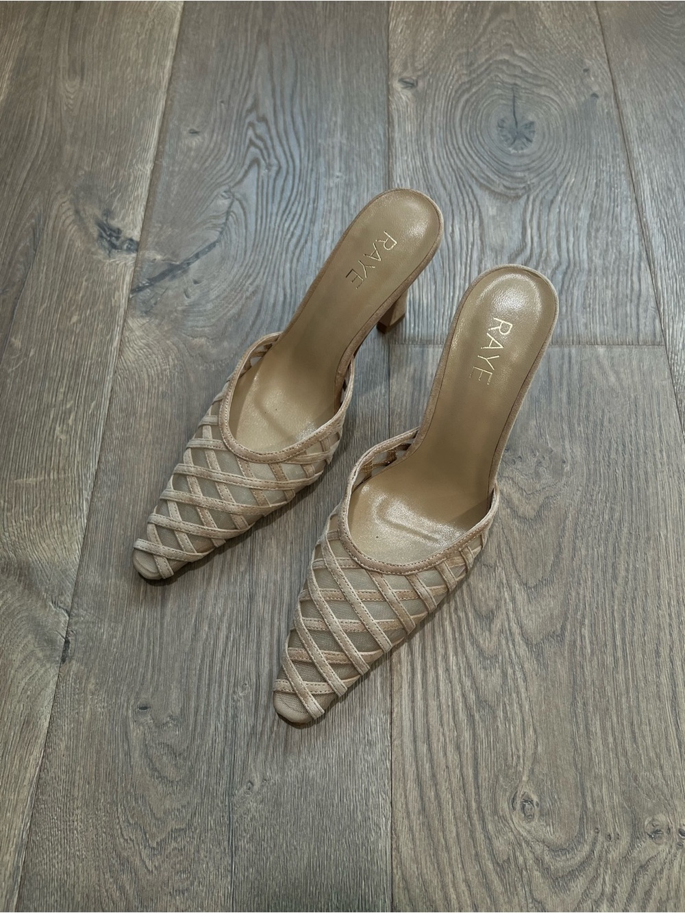 RAYE Neutral Woven Pointed Toe Mule Heels